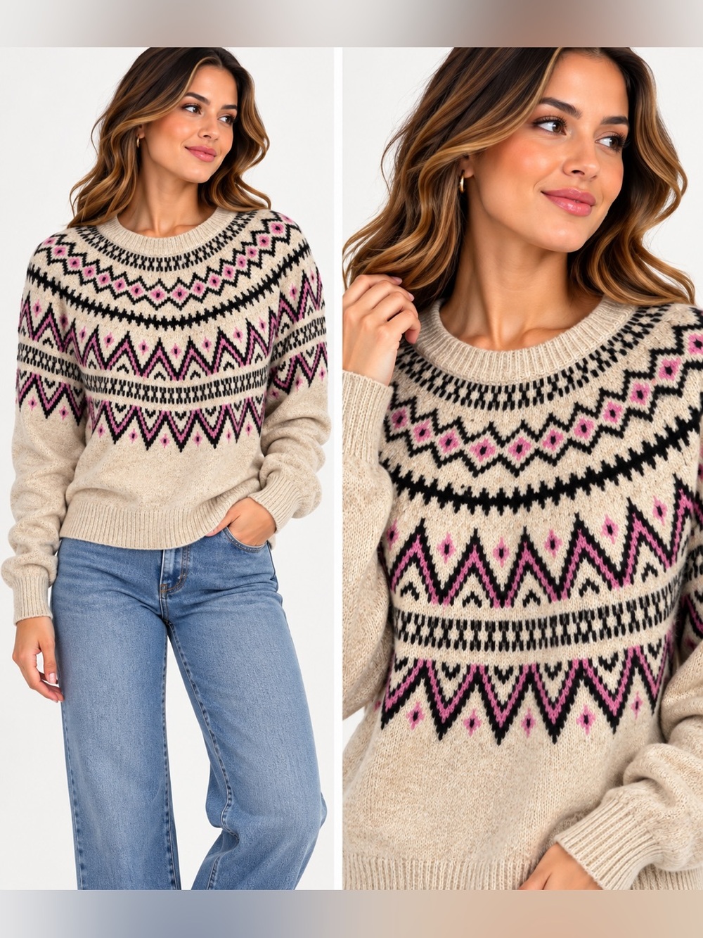 b.young Rhoyle Jacquard Geometric Sweater in Cream & Pink Size Medium NWT